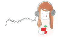 音声ガイドを聴いて、リンゴを食べることができた笑顔の女の子のイラスト。